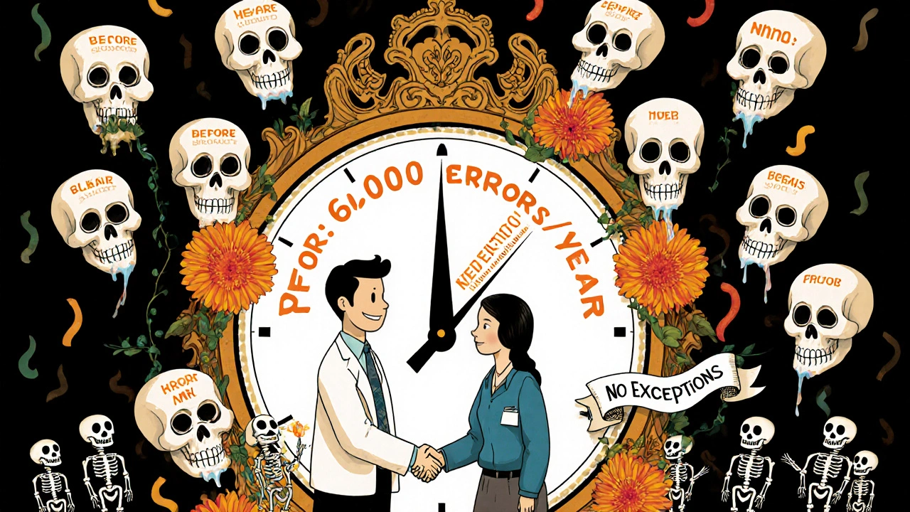A pharmacist and patient shake hands as sugar skulls display identifiers, with a clock showing reduced medication errors.