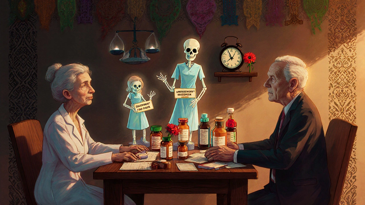 A pharmacist and senior reviewing medications as ghostly prescription figures rise, in colorful Day of the Dead aesthetic.