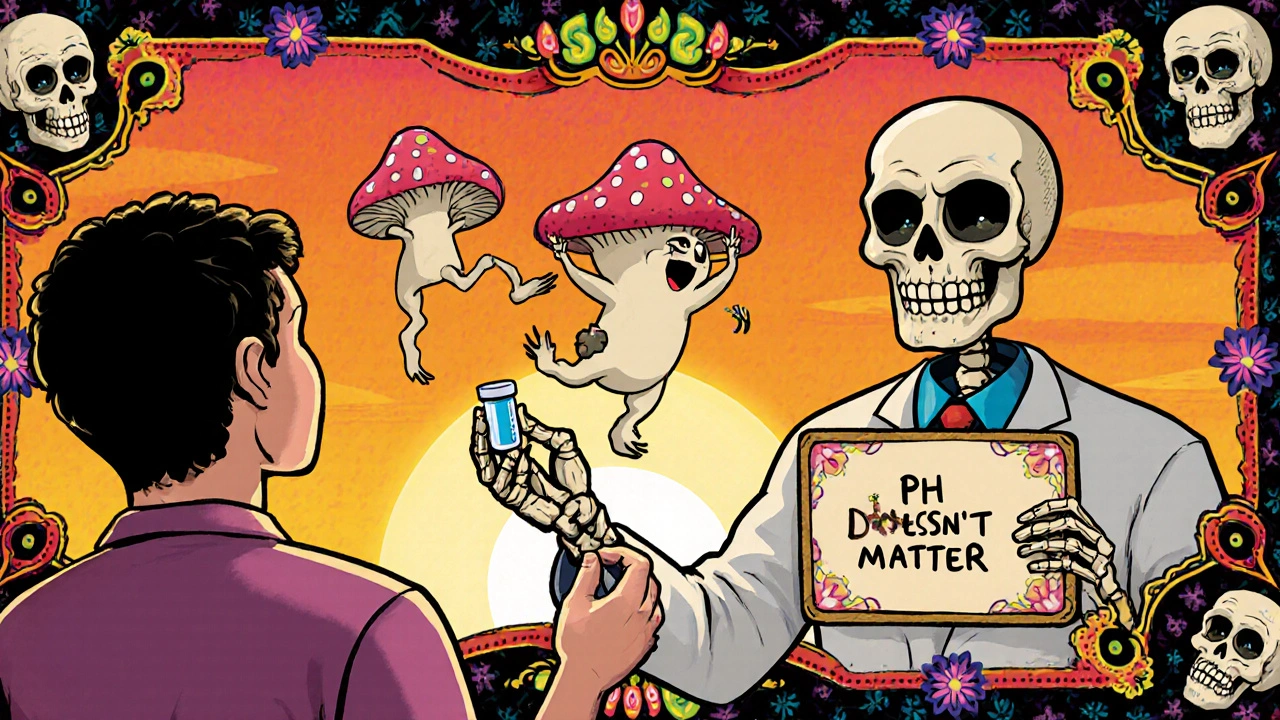 A pharmacist gives a fluconazole pill to a patient, with a happy fungus dancing nearby in vibrant Day of the Dead style.
