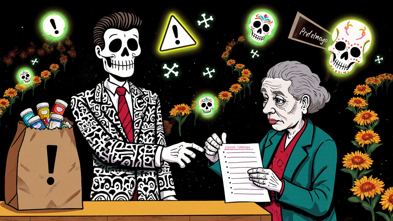 A pharmacist in papel picado attire checks supplement bottles from a brown bag while an elderly patient offers a sugar skull notepad.