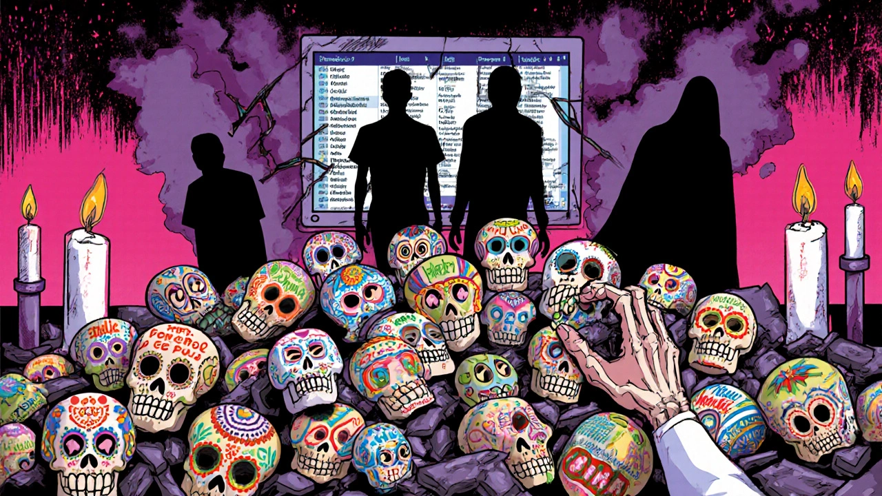 A pharmacy shelf overflows with candy-like fentanyl pills shaped as skulls, while ghostly patients rise from the pile under eerie neon lighting.