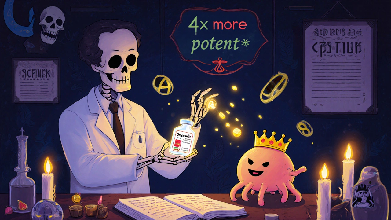 A skeleton scientist holds omeprazole next to a weakening fungal crown, glowing with enhanced potency in mystical lab setting.