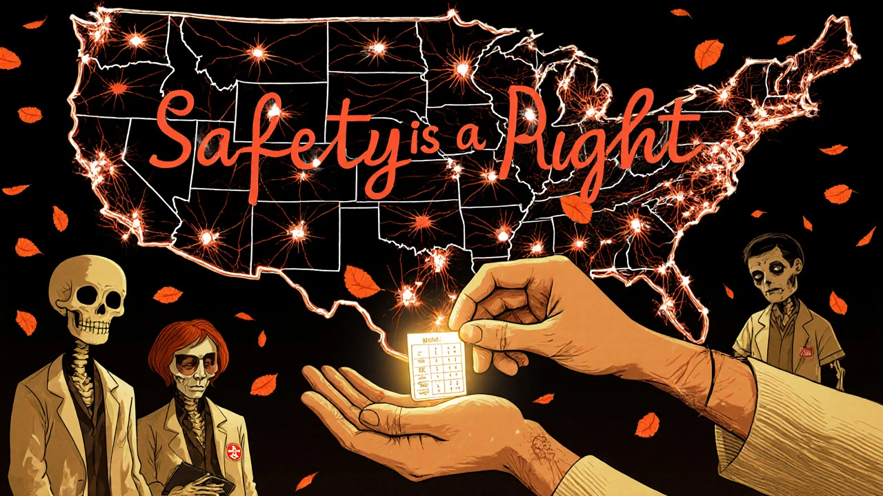 A U.S. map made of glowing veins pulses with warnings, as a hand gives a pill organizer to a patient while healthcare workers observe.