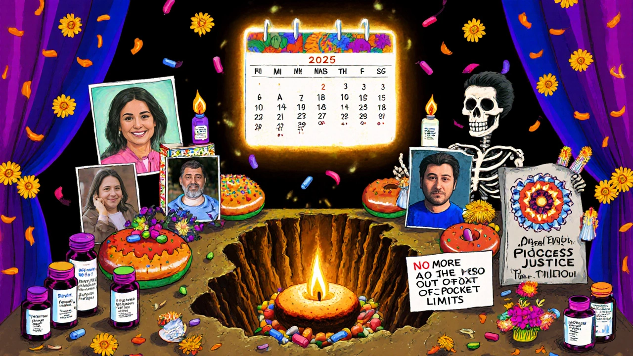An altar honoring drug access with pill bottles as candles, floating 2025 calendar, and a sign saying &#039;No More Out-of-Pocket Limits&#039;.