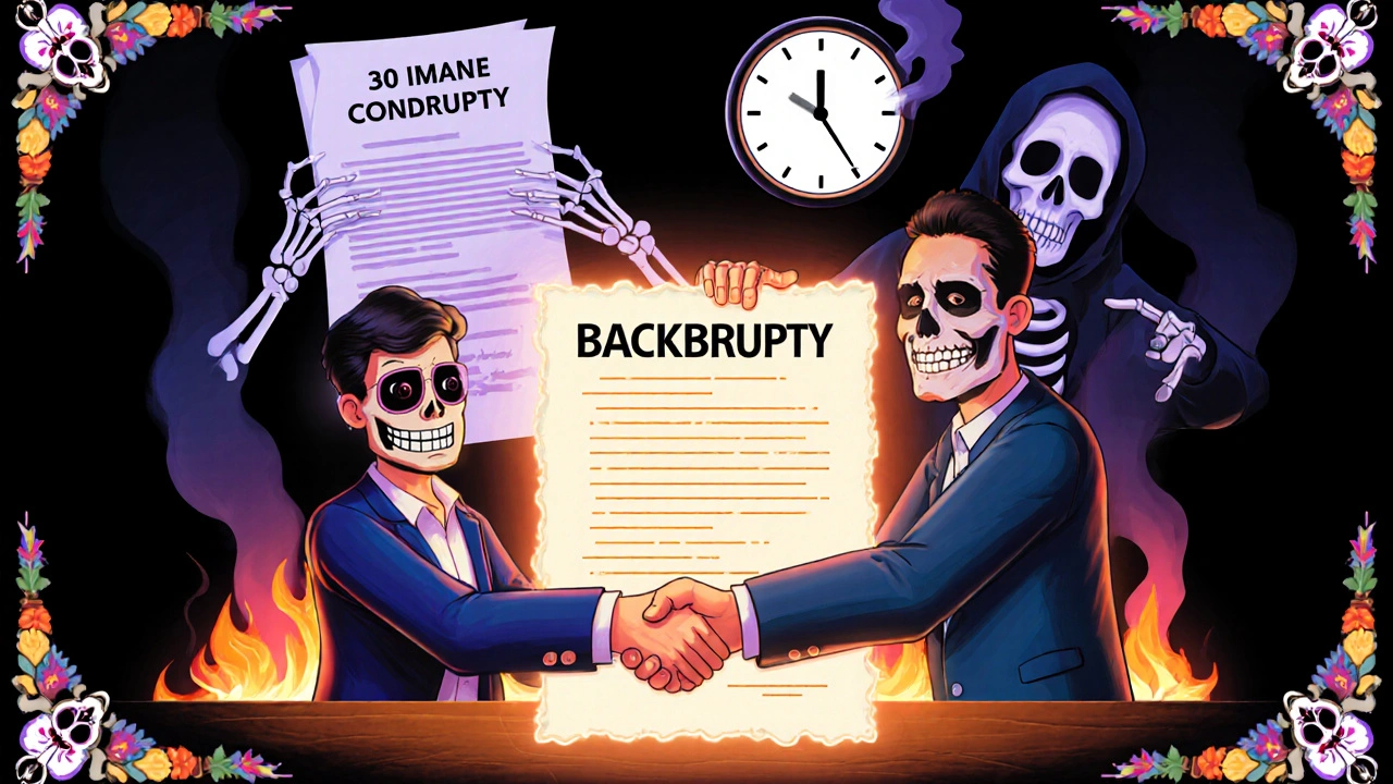 Clinic owner and vendor shaking hands as bankruptcy shadow looms, insurance policy glows above, with ticking deadline clock in Day of the Dead aesthetic.