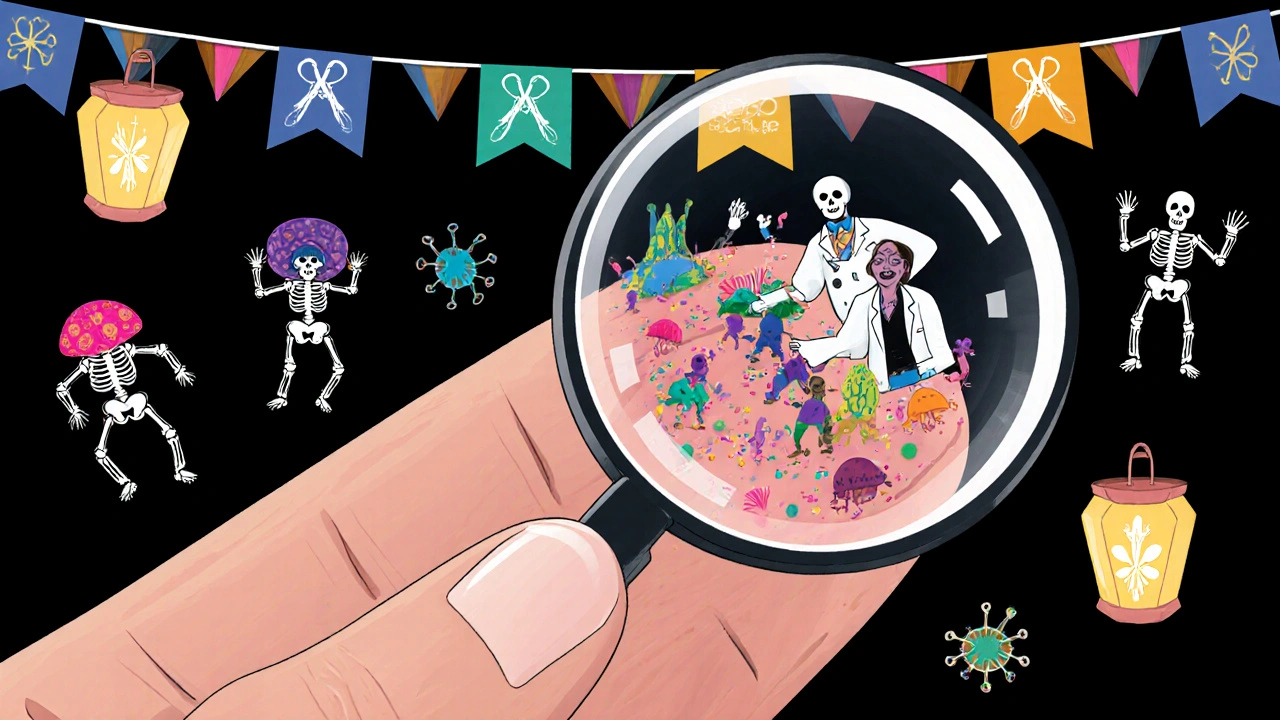 Dermatologist examining a nail under magnification, revealing fungal skeletons and immune system calaveras in a microscopic Day of the Dead scene.