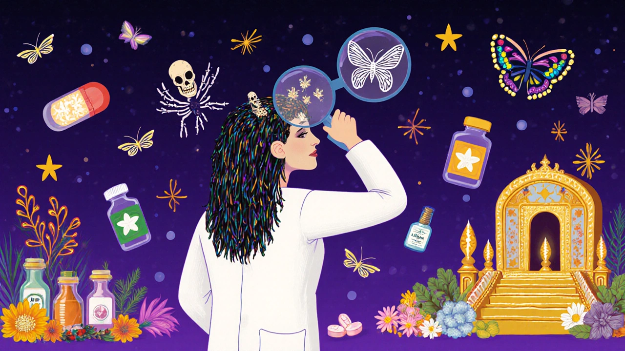 Dermatologist examining a scalp with magnifying glass, revealing skeletal hair follicles amid floating medication butterflies.