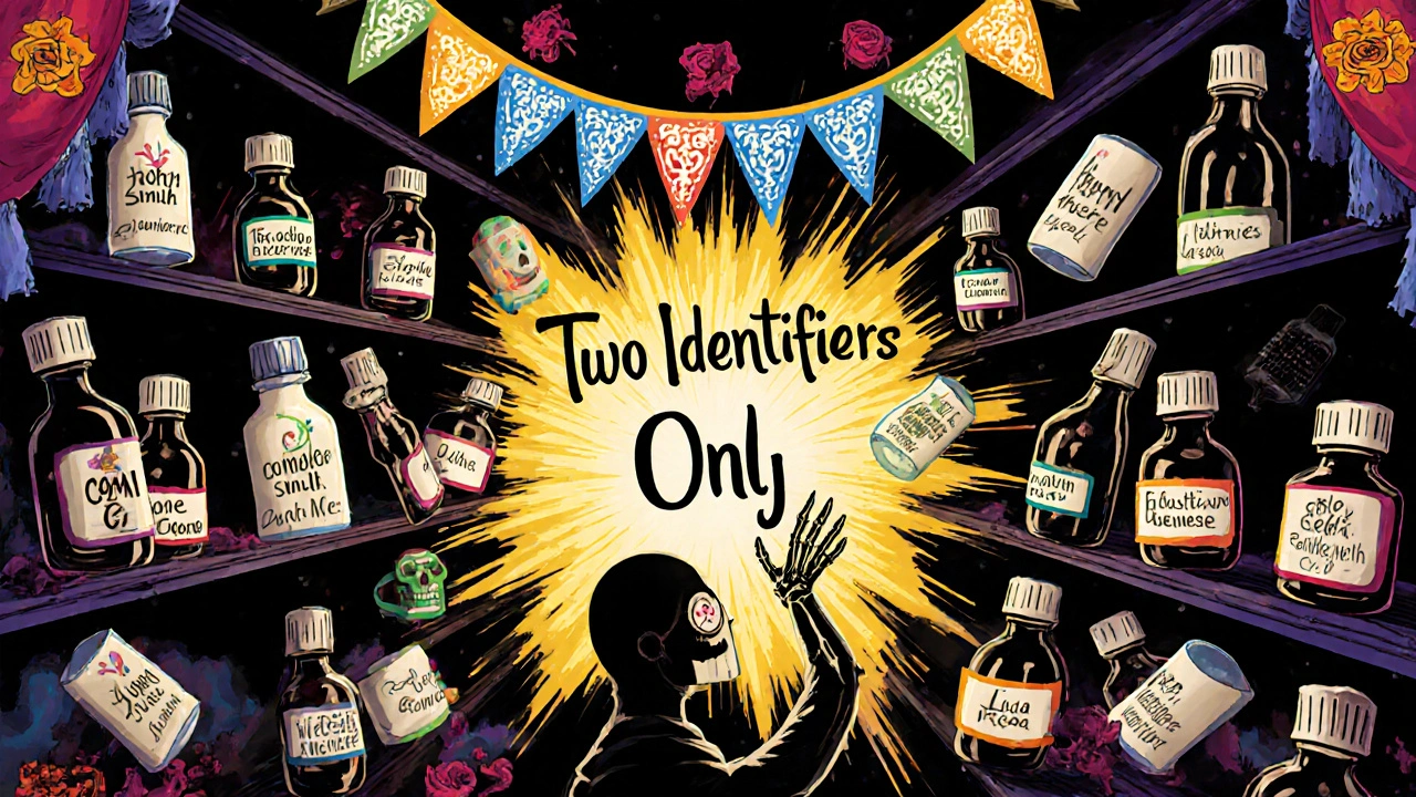 Floating medicine bottles and a glowing EMPI system link patient records in a Day of the Dead themed pharmacy scene.