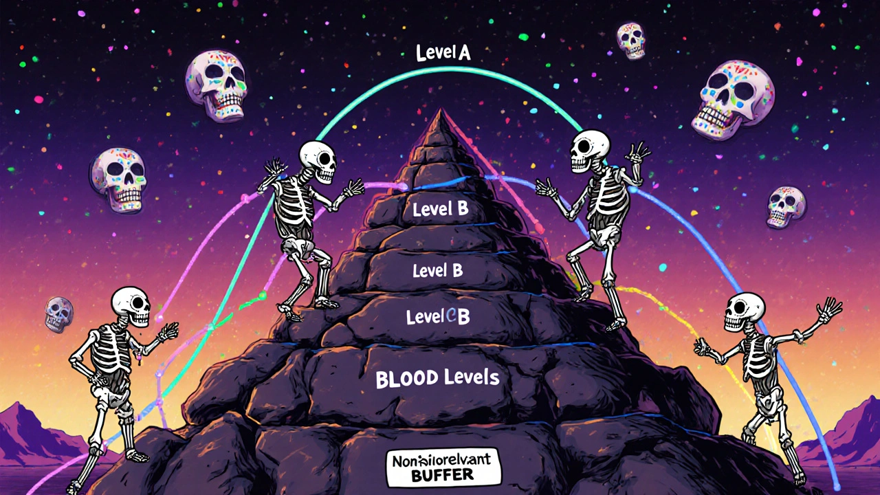 Four skeletal figures climb a pyramid representing IVIVC levels, with perfect curves at the top and crumbling failures below, all in vibrant alebrije colors.