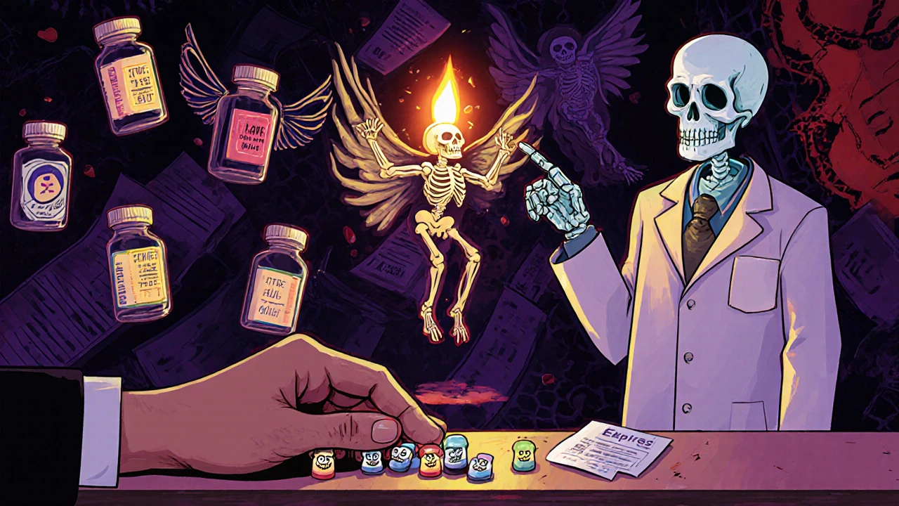 Hand counting glowing calavera pills at pharmacy counter, expiration date shining like a candle.