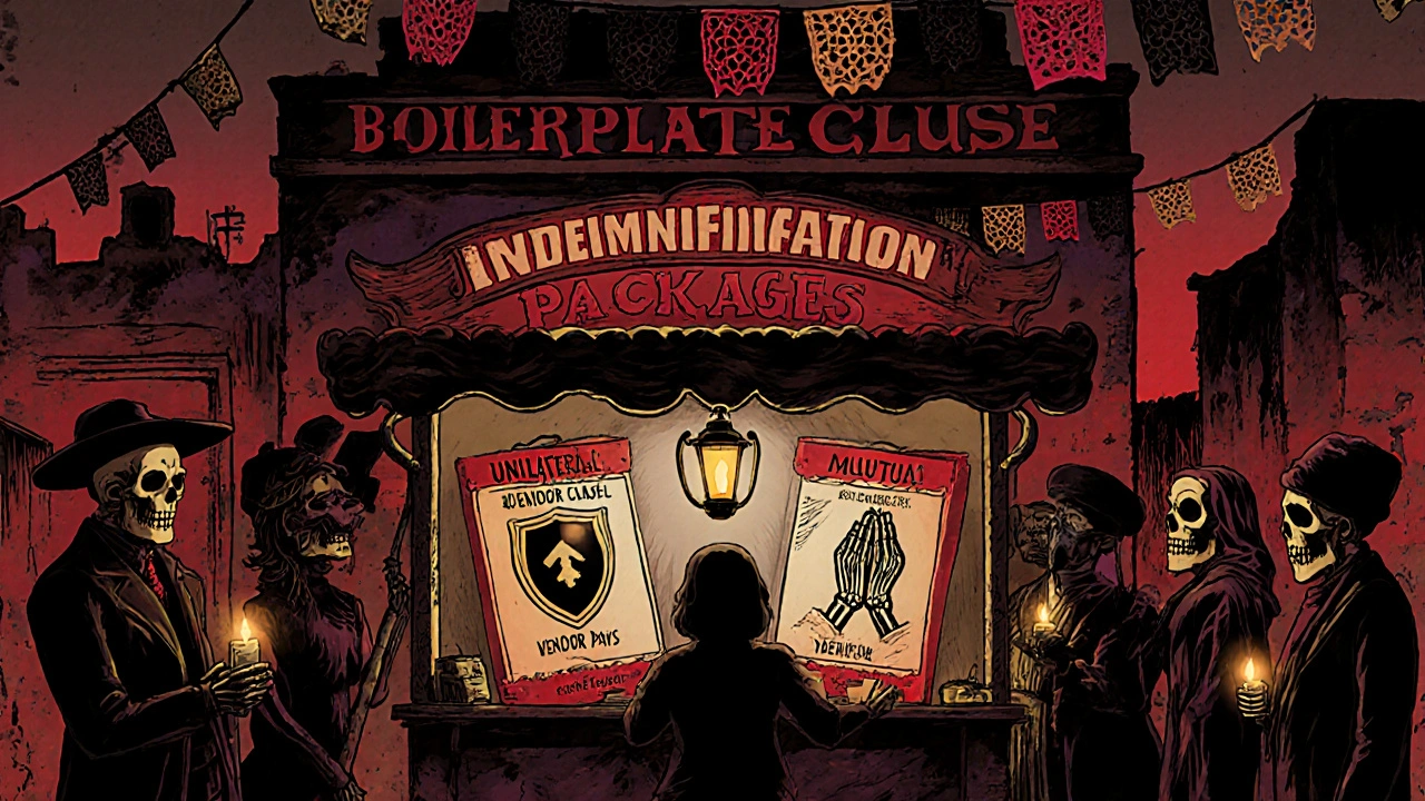 Market stall offering indemnification packages with skeletal vendors, under lantern light and papel picado banners in Mexican folk art style.