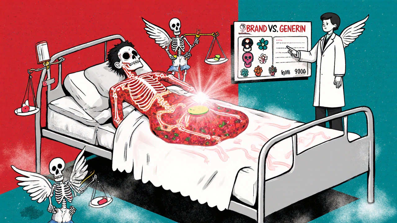 Patient&#039;s translucent body shows identical active ingredient in generic and brand pills, with skeletal angels balancing scales.