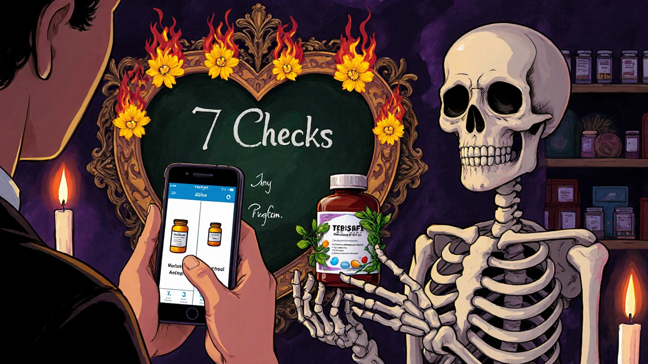 Patient comparing pill images on phone while skeleton pharmacist offers labeled marigold-wrapped receipt.