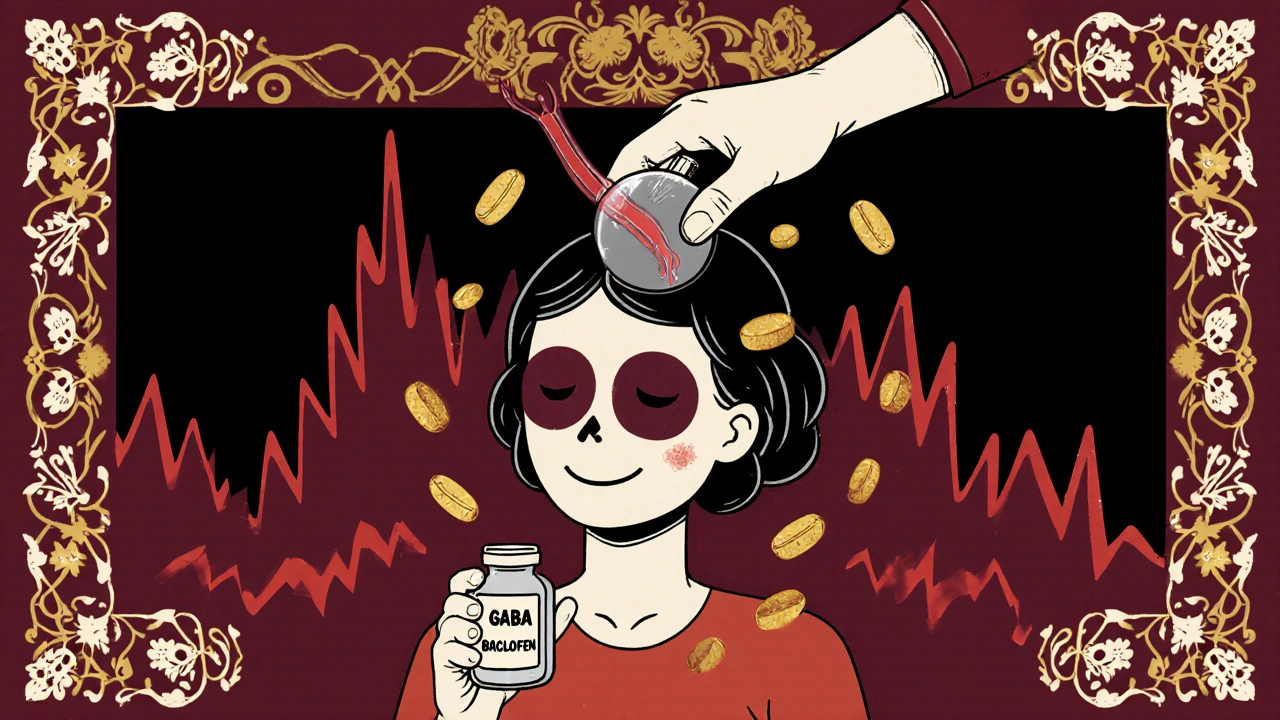 Patient receiving calming GABA molecules, blood vessel lifted gently, warm colors.