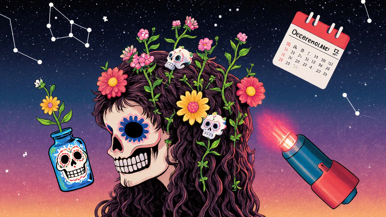 Person with marigold wig and new hair growing as skeletal vines, surrounded by symbols of recovery under a twilight sky.