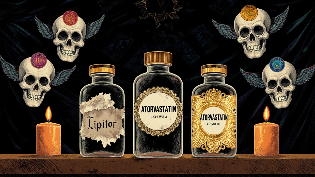 Pharmacist counter with glowing generic pills beside faded brand bottle, adorned with regulatory seals and candles.