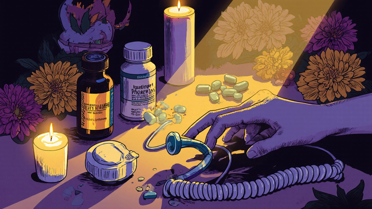 Safe pain relief options on an altar beside marigolds, while a crushed tramadol bottle lies broken below.