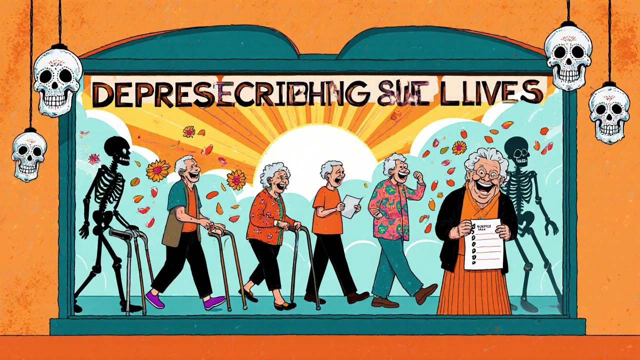 Seniors walking confidently as fading drug skeletons turn to marigold petals, symbolizing safe deprescribing.