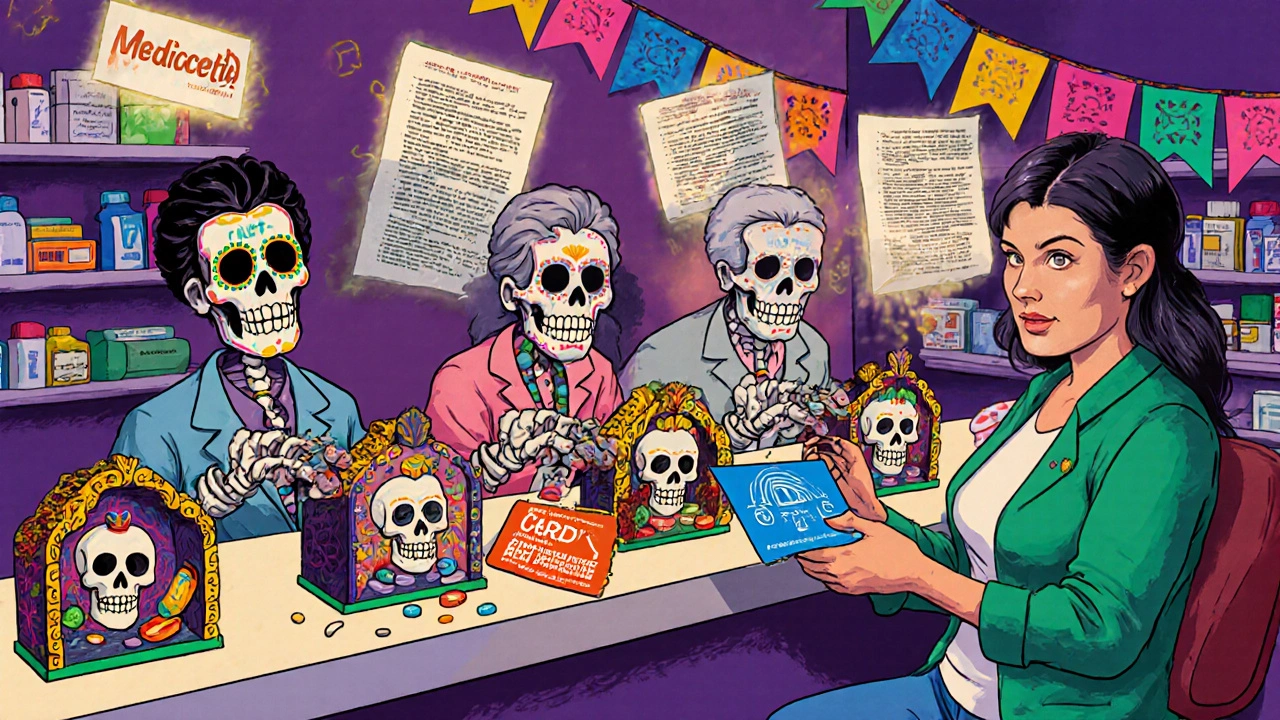 Skeleton pharmacists handing out generic pills at a nursing home counter, with Medicare Part D logos and crumbling long-term care insurance.