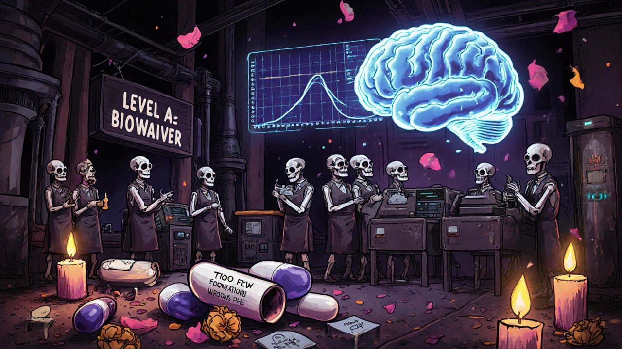 Skeleton workers test capsules in a factory as a bone AI projects dissolution data, with a &#039;Level A = Biowaiver&#039; sign and failed tests piled below.