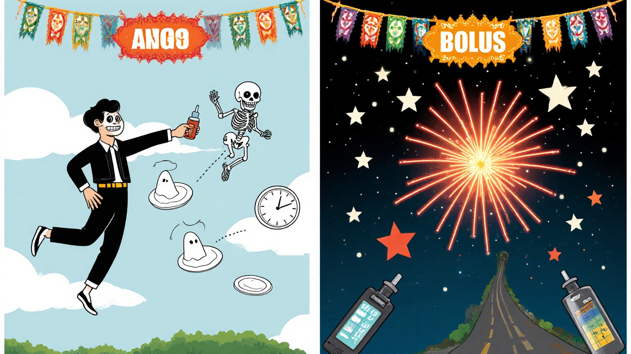 Split scene: eastbound traveler with shrinking insulin vial, westbound with exploding dose over stretched night.
