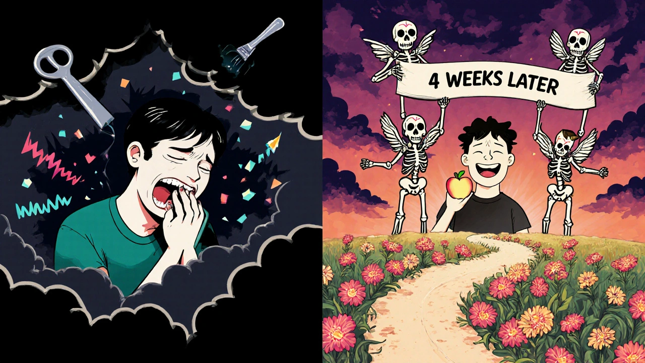 Split scene: left shows pain and chaos, right shows relief and laughter with marigold path.