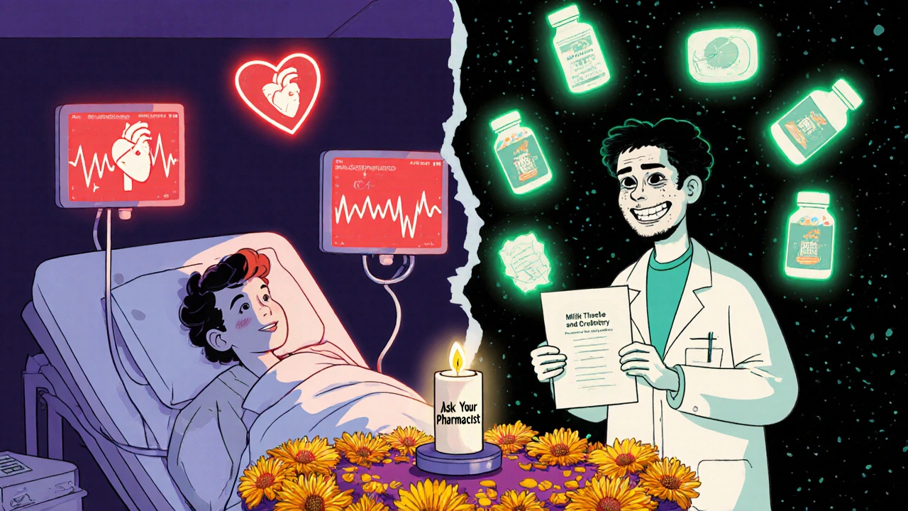 Split scene: one side shows a patient in danger with glowing risky supplements, the other shows safety with green-lit herbs, connected by marigold petals.