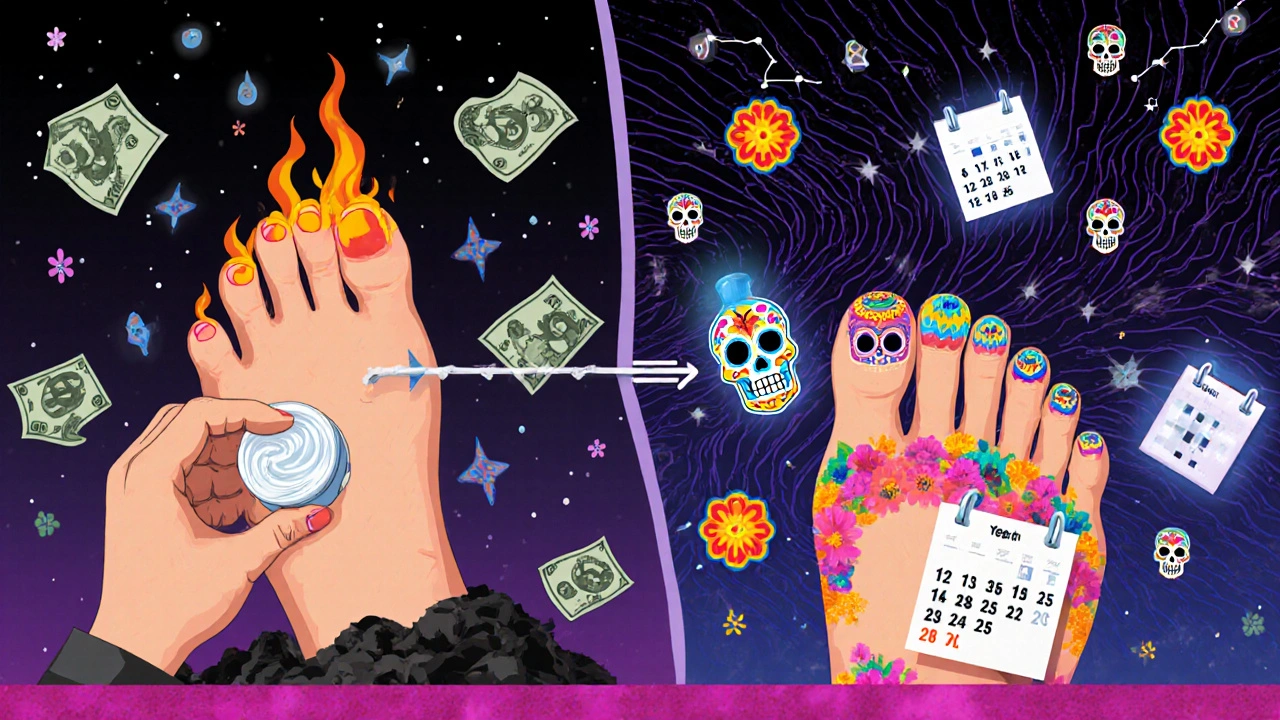 Split scene: wasted money on wrong treatment vs. correct care for nail disorders, with sugar skulls and glowing nail growth in Day of the Dead style.