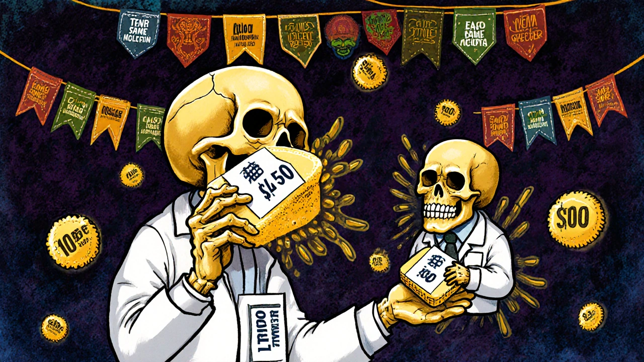 Two sugar-skull figures holding identical pills with vastly different prices, surrounded by glowing bioequivalence waves and FDA seals.