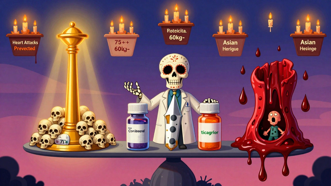 A balance scale weighing heart attack prevention against bleeding risks, with three pill bottles and floating patient altars in Day of the Dead style.