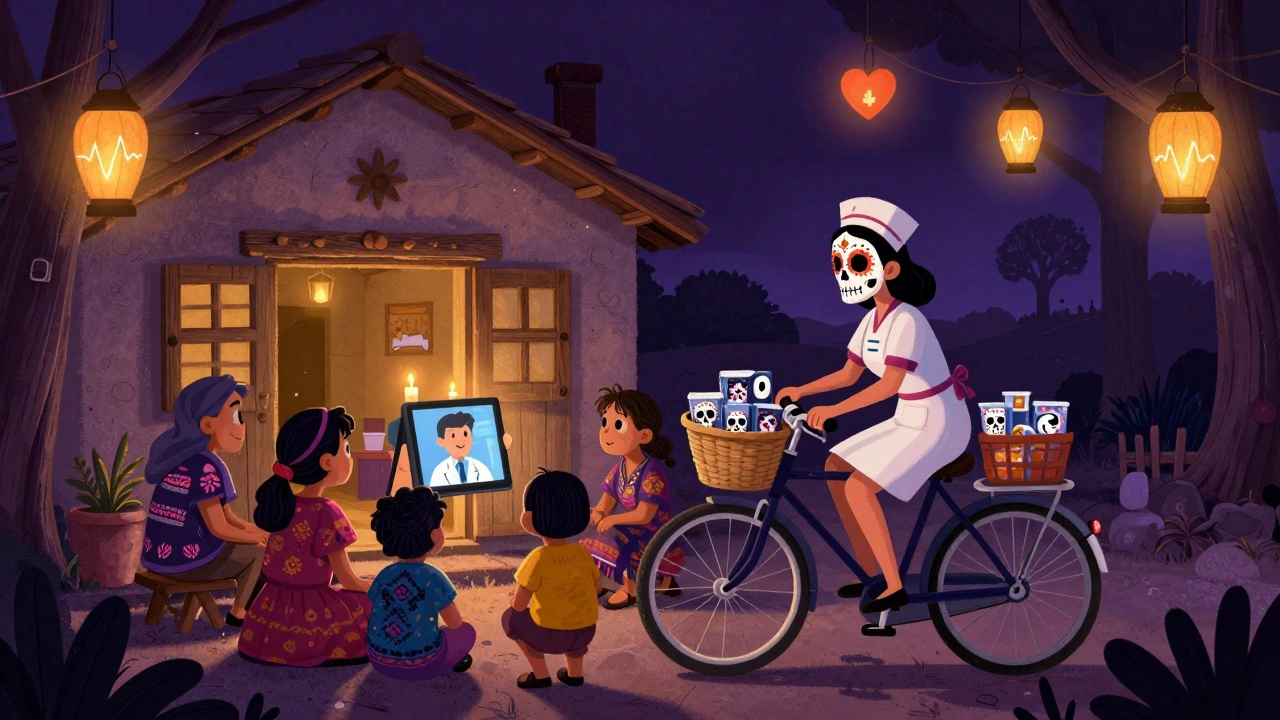 A community nurse delivers medicine by bicycle to a home without internet, while a family watches a virtual doctor made of candlelight.