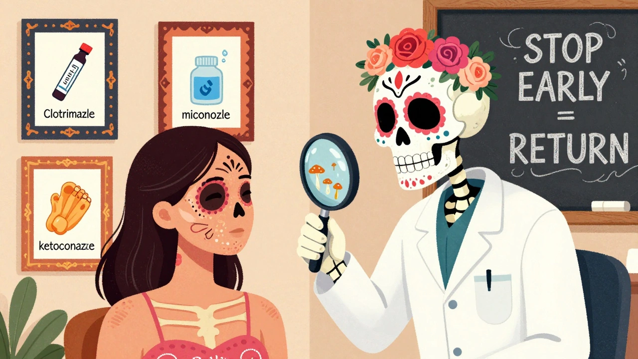 A dermatologist skeleton examining skin under a skull-shaped magnifier, with alternative treatments displayed as floral-adorned illustrations.