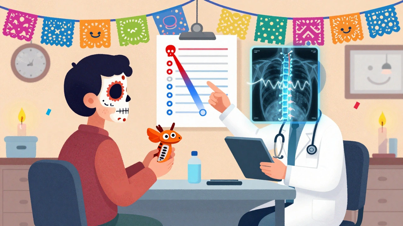A doctor and patient in a clinic, with transparent spinal stimulation visuals and an alebrije-shaped remote, colorful papel picado in the background.