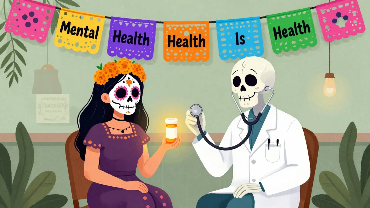 A doctor and patient sit together under colorful banners, a stethoscope made of marigolds and a glowing prescription bottle beside them.