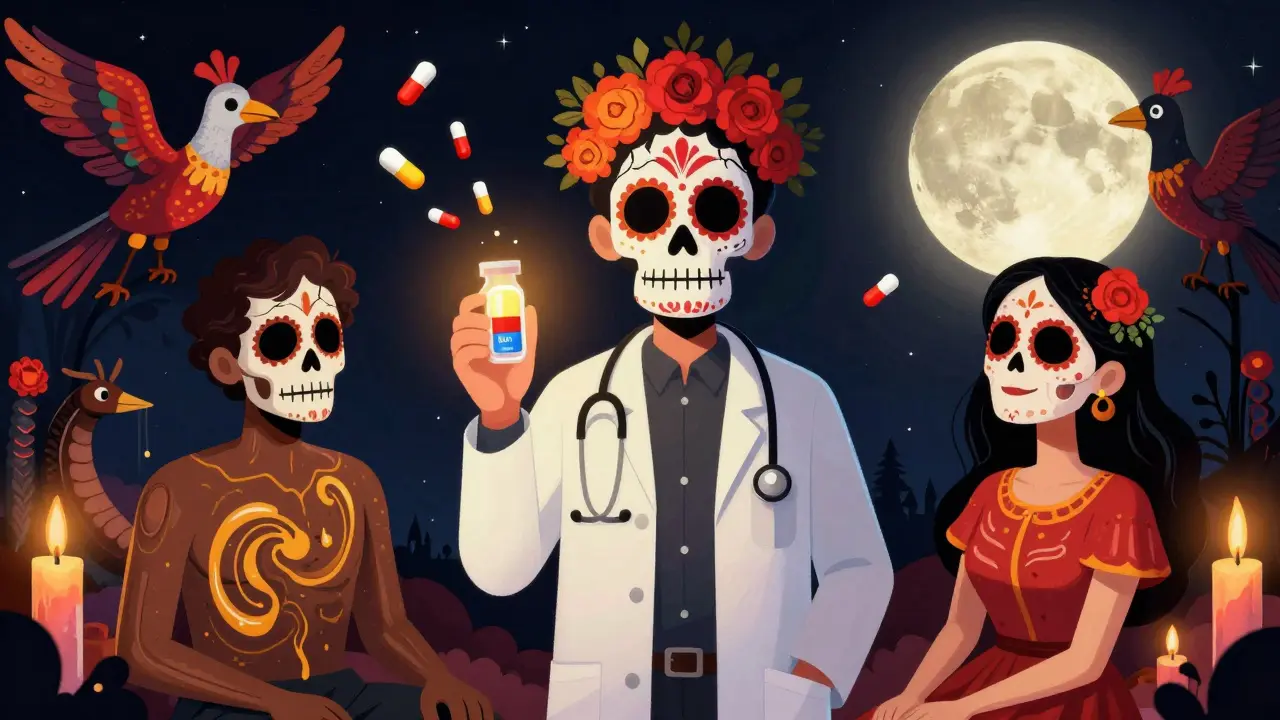 A doctor offers a glowing pill to two patients, while mythical creatures carry away bile acids under candlelight.