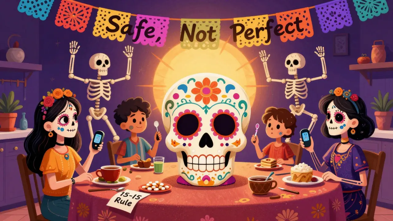 A family gathered around a sugar skull labeled 'Hypoglycemia Awareness,' holding prevention tools under a banner reading 'Safe, Not Perfect.'