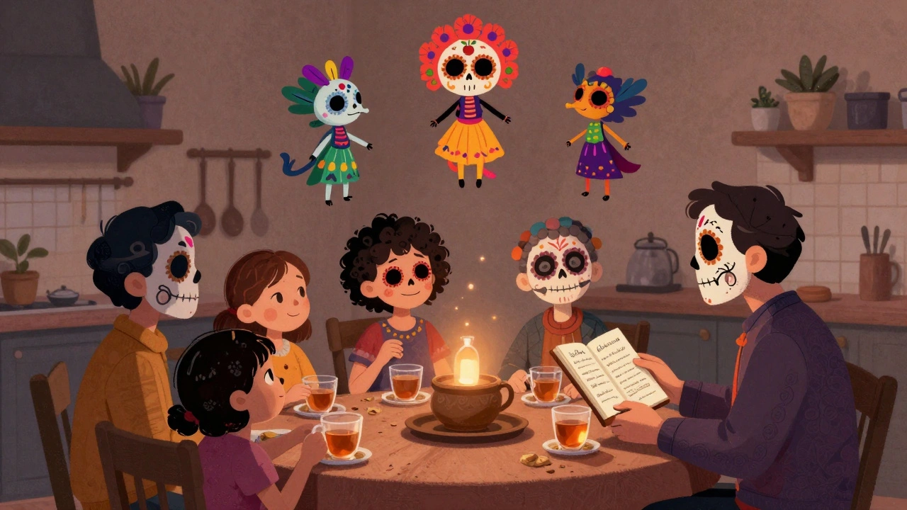 A family shares tea and a symptom journal, with mythical alebrijes floating above, symbolizing comfort and care.