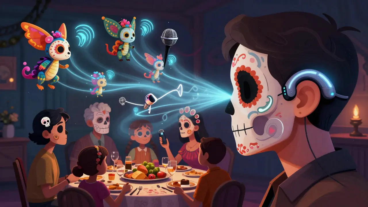 A futuristic hearing aid with alebrije-shaped microphones connects a family in a glowing, harmonious sound network.