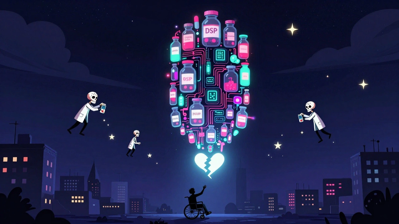 A giant digital pharmacy hub in the sky sends pills like falling stars, while a wheelchair-bound person reaches up, ignored by the glowing machine.