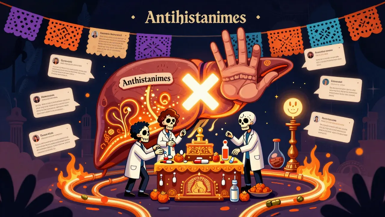 A liver altar with new medications as offerings, antihistamines rejected, surrounded by patient stories in colorful paper banners.