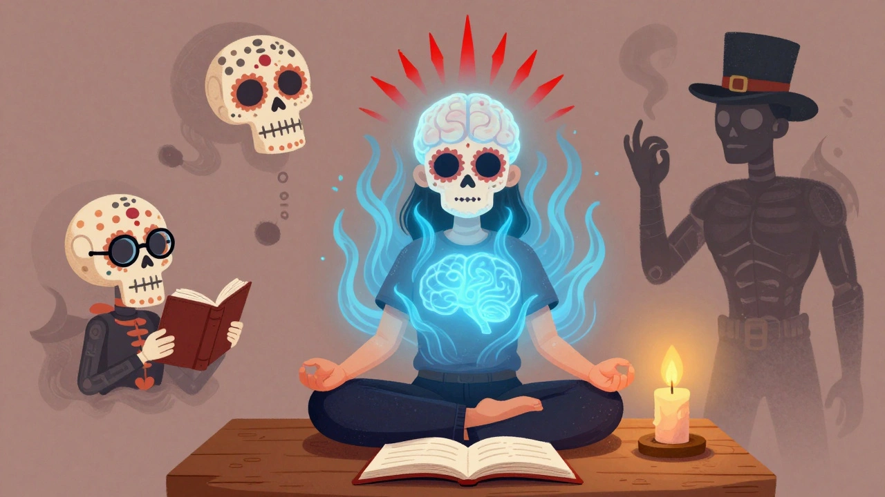 A meditating figure with a calm glowing brain, dissolving pain spikes, and Day of the Dead motifs representing healthy habits.