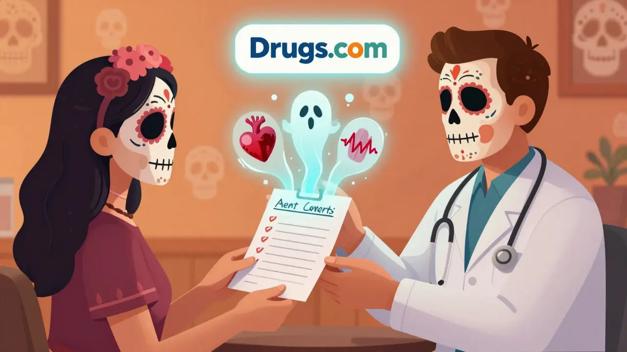 A patient gives a medication list to a doctor as ghostly interaction icons rise, with a Drugs.com logo glowing above.