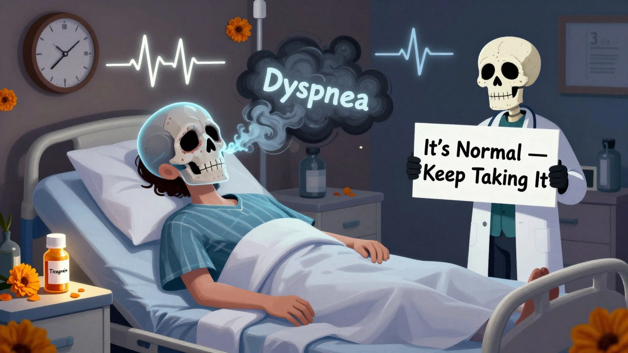 A patient with a translucent skull and breathing clouds, comforted by a doctor holding a ticagrelor pill bottle under marigold petals.