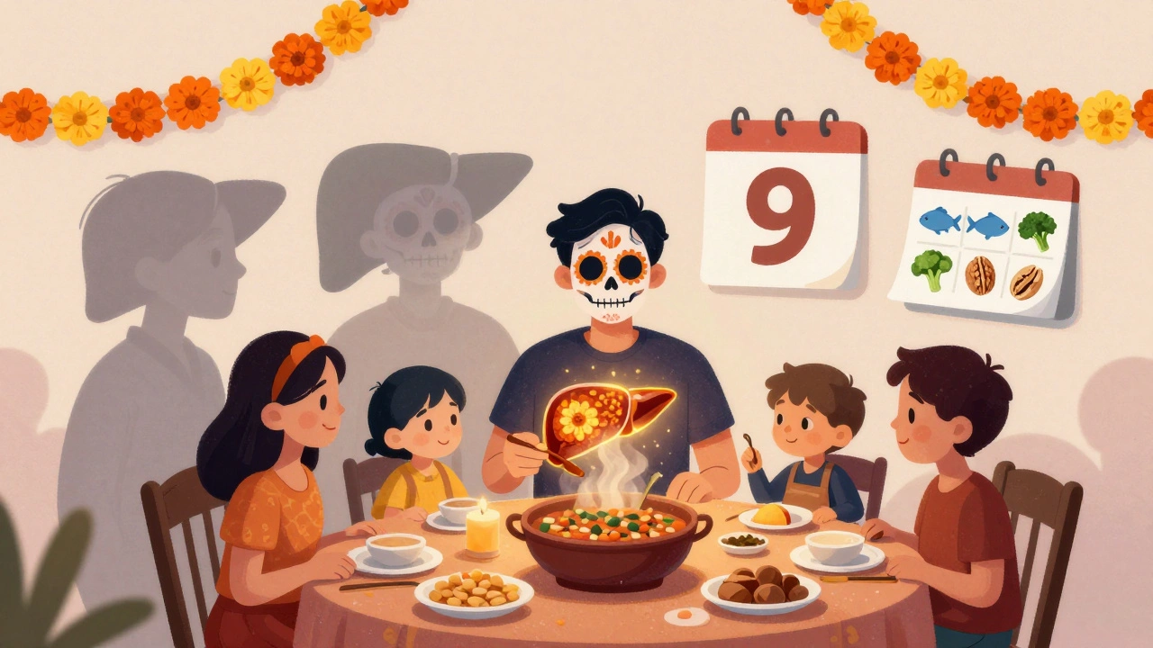 A person eating stew with a glowing liver shaped like a flower-filled skull, while unhealthy forms fade behind, surrounded by marigolds and candlelight