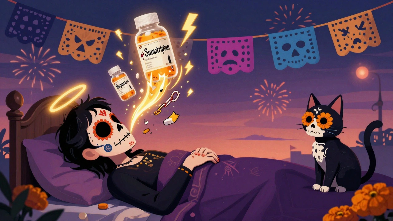 A person resting as generic migraine pills float above, releasing relief waves, watched over by a skeletal cat in folk-art style.