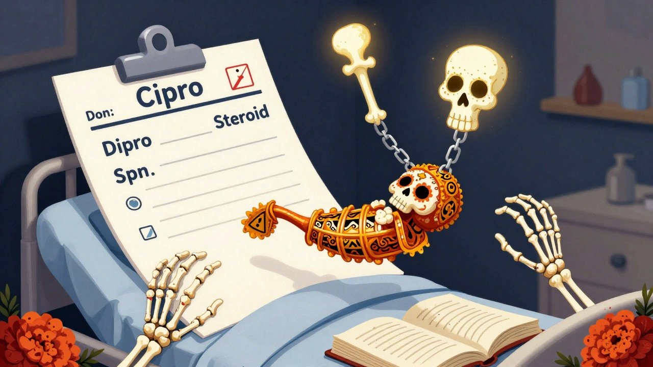 A prescription pad floats above a hospital bed as glowing Cipro and steroid bones form a noose around a fragile tendon, decorated in Day of the Dead motifs.