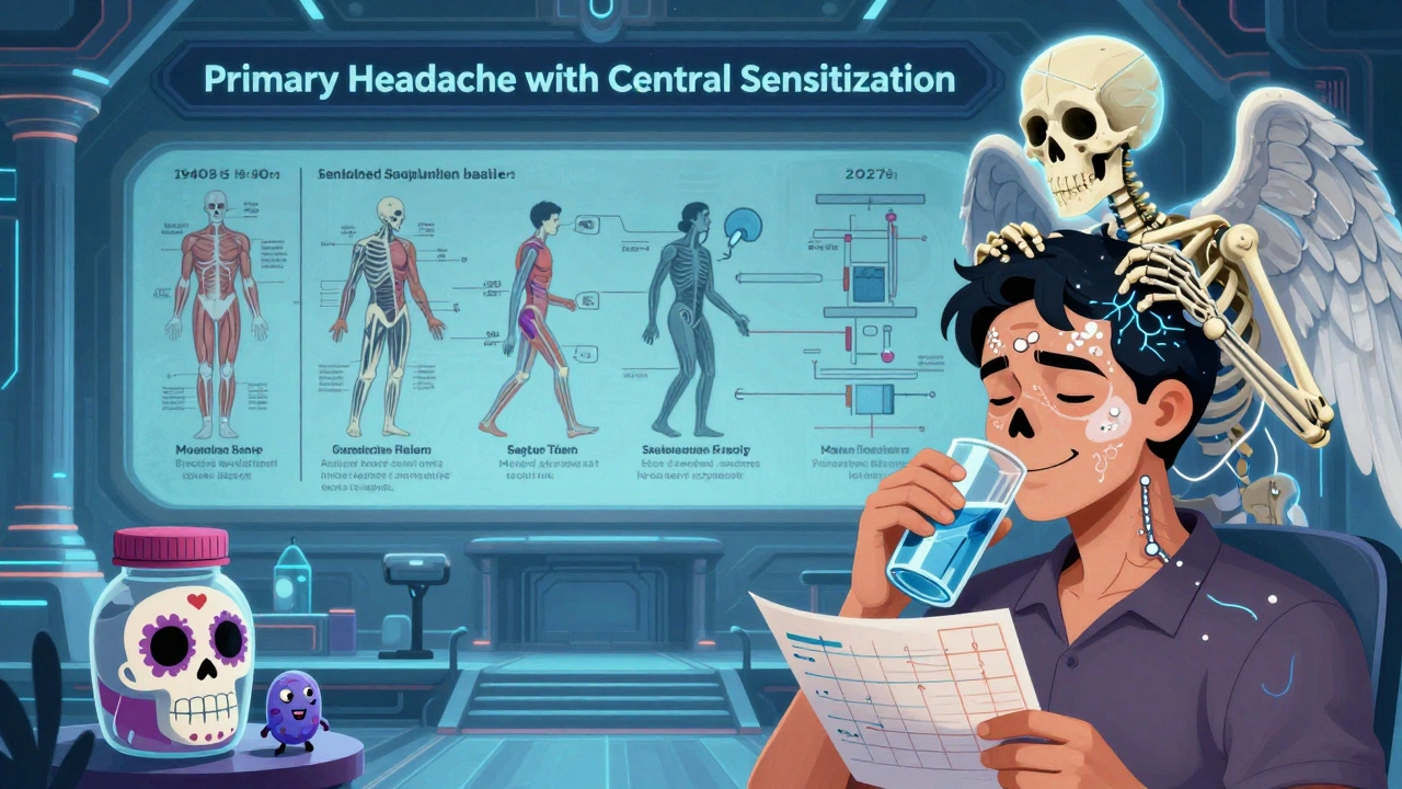 A skeletal angel administering nerve stimulation to a patient, with a mural showing the evolution of headache science in Day of the Dead art style.