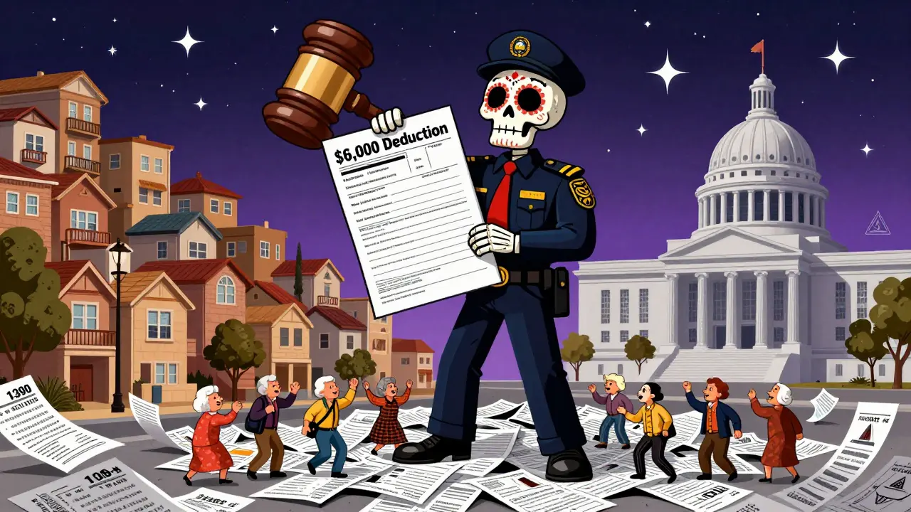 A skeletal IRS agent with a ,000 tax deduction form, retirees dancing below, and split landscapes of housing and federal symbols.