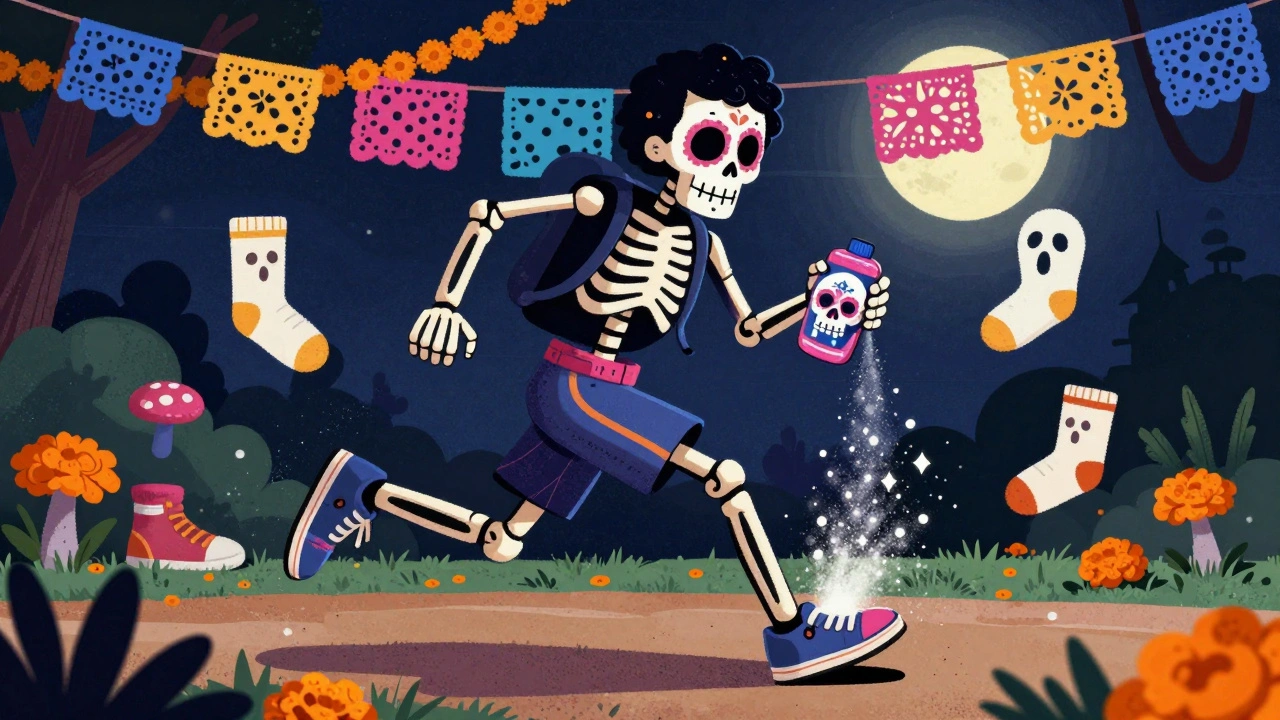 A skeleton athlete applying antifungal powder into shoes while fungal spores scatter, with socks and marigolds floating nearby.