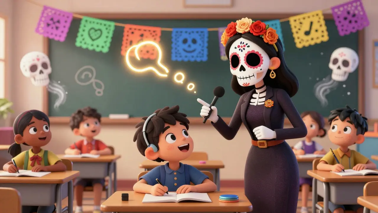 A teacher with a decorated mic speaks to a child in class, sound waves forming colorful papel picado banners.